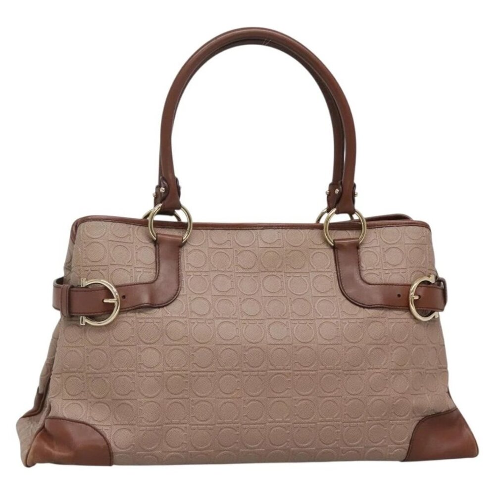 Salvatore Ferragamo Gancini Tote Bag Leather Brown Gold Auth 138354